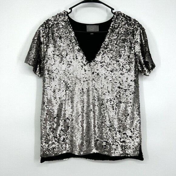 Anthropologie Vanessa Virginia Top Sequin V Neck Silver Black - Picture 4 of 11